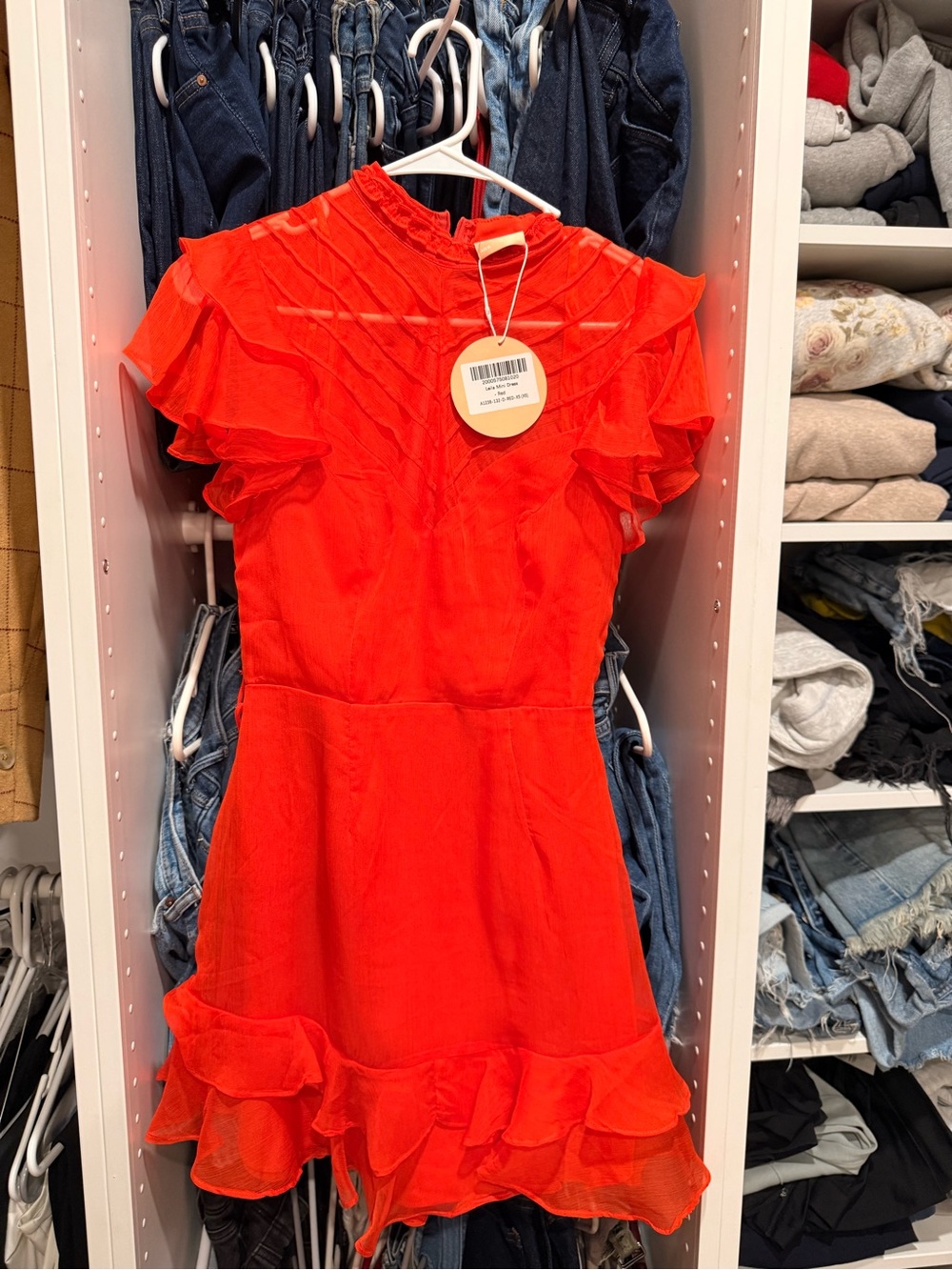 Youthful Red Ruffle Mini Dress with High Neck